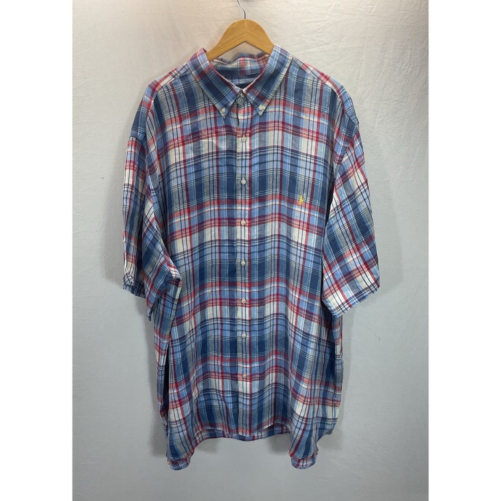 Ralph Lauren Mens 3XLT Short Sleeve Button Up 100% Linen Blue Plaid Shirt Travel